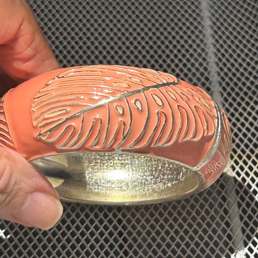 Wide Peach w Palm Fronds Enamel Bangle Clamper Bracelet by SEQUIN NWT